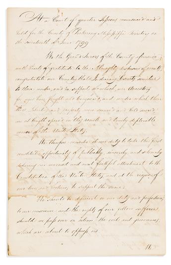 (MISSISSIPPI.) Citizens' petition to an early county court regarding riotous behavior on the Sabbath, civil liberties, and slavery.              